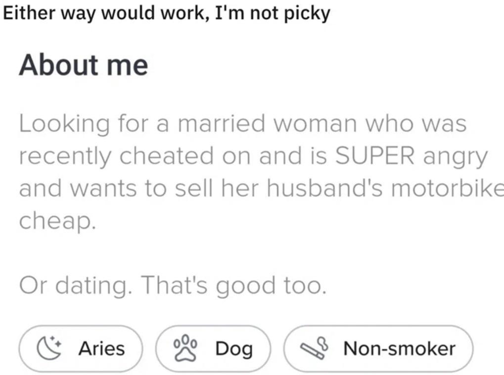 Either way would work Im not picky About me Looking for a married woman who was recently cheated on and is SUPER angry and wants to sell her husbands motorbike cheap Or dating Thats good too Aries Dog 3 Non smoker
