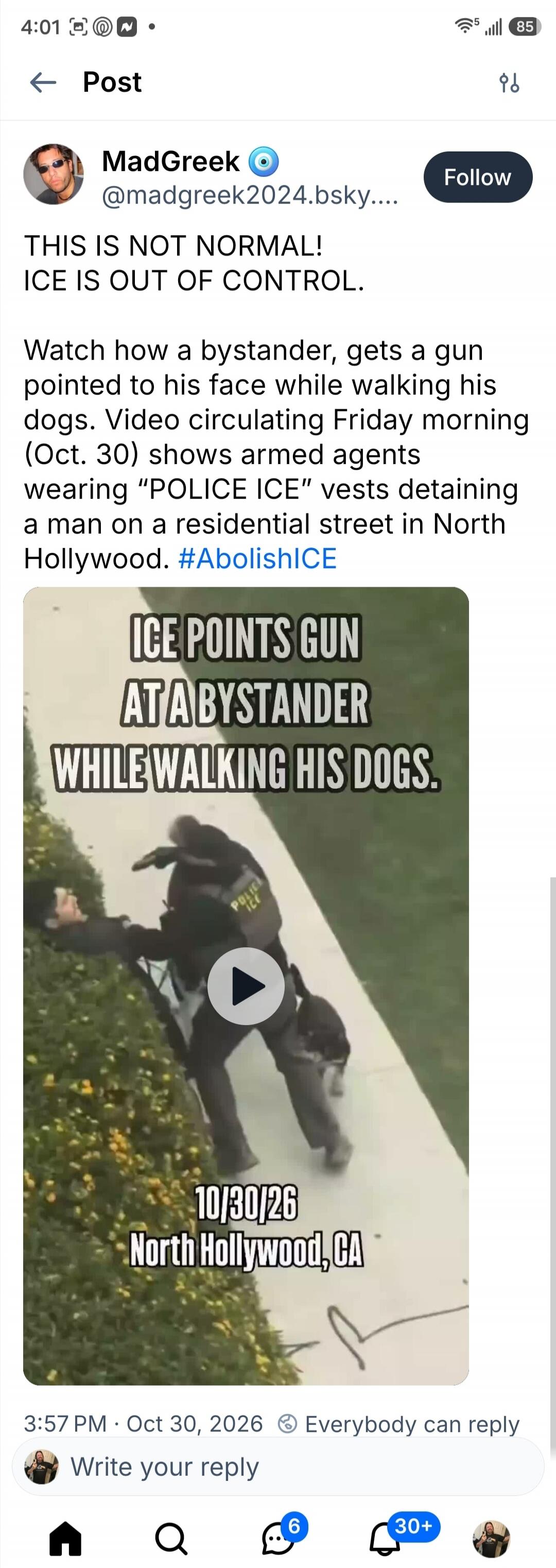 THIS IS NOT NORMAL! ICE IS OUT OF CONTROL. Watch how a bystander, gets a gun pointed to his face while walking his dogs. Video circulating Friday morning (Oct. 30) shows armed agents wearing 