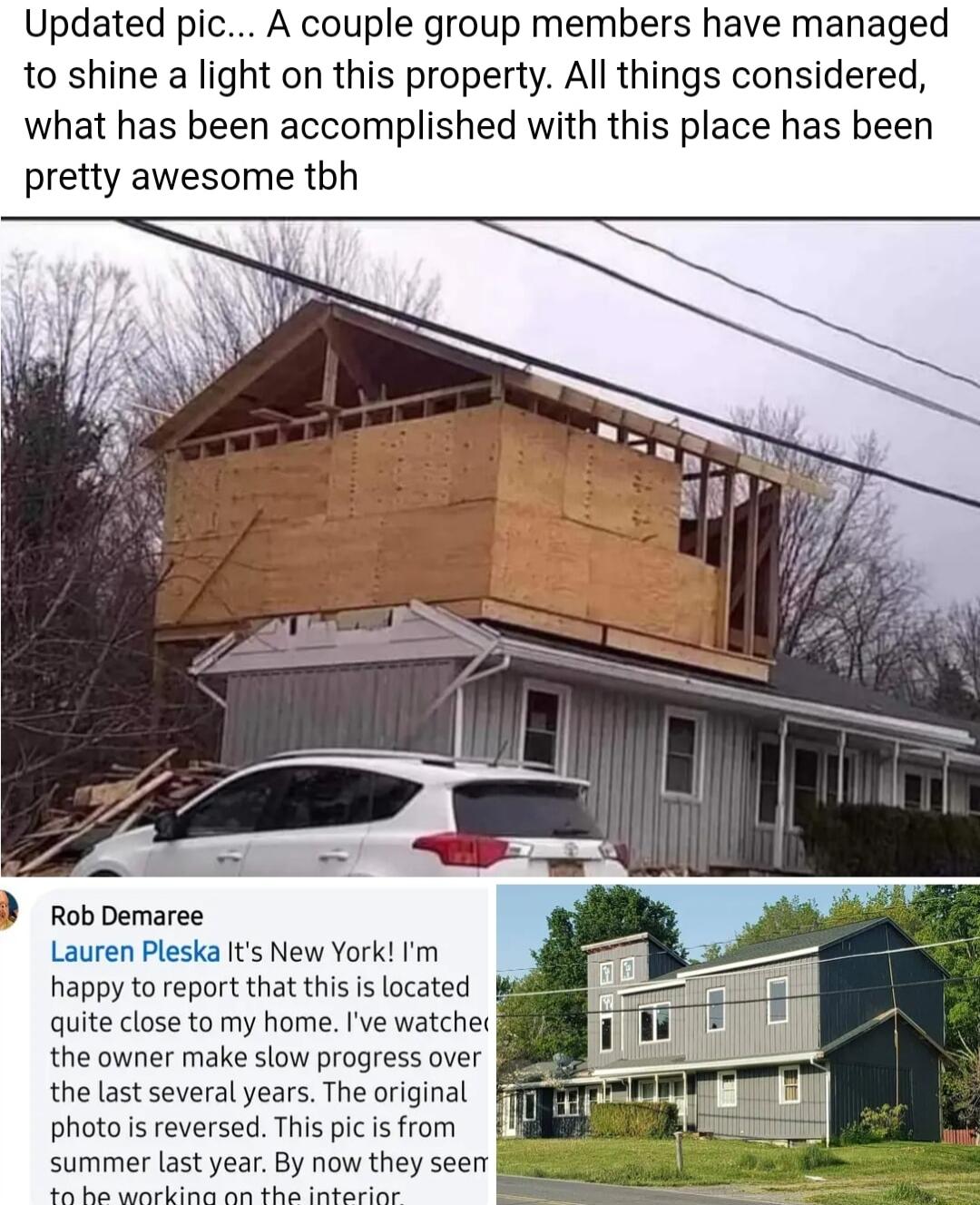 Updated pic A couple group members have managed to shine a light on this property All things considered what has been accomplished with this place has been pretty awesome tbh I Rob Demaree Lauren Pleska ts New York Im happy to report that this s located quite close to my home ve watcher the owner make slow progress over the last several years The original photo i reversed This pic is from summer l