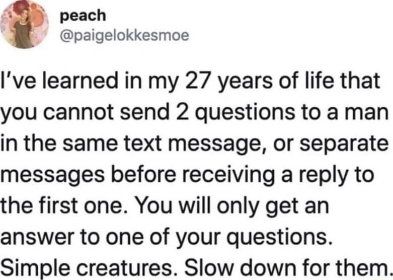 A peach paigelokkesmoe Ive learned in my 27 years of life that you cannot send 2 questions to a man in the same text message or separate messages before receiving a reply to the first one You will only get an answer to one of your questions Simple creatures Slow down for them