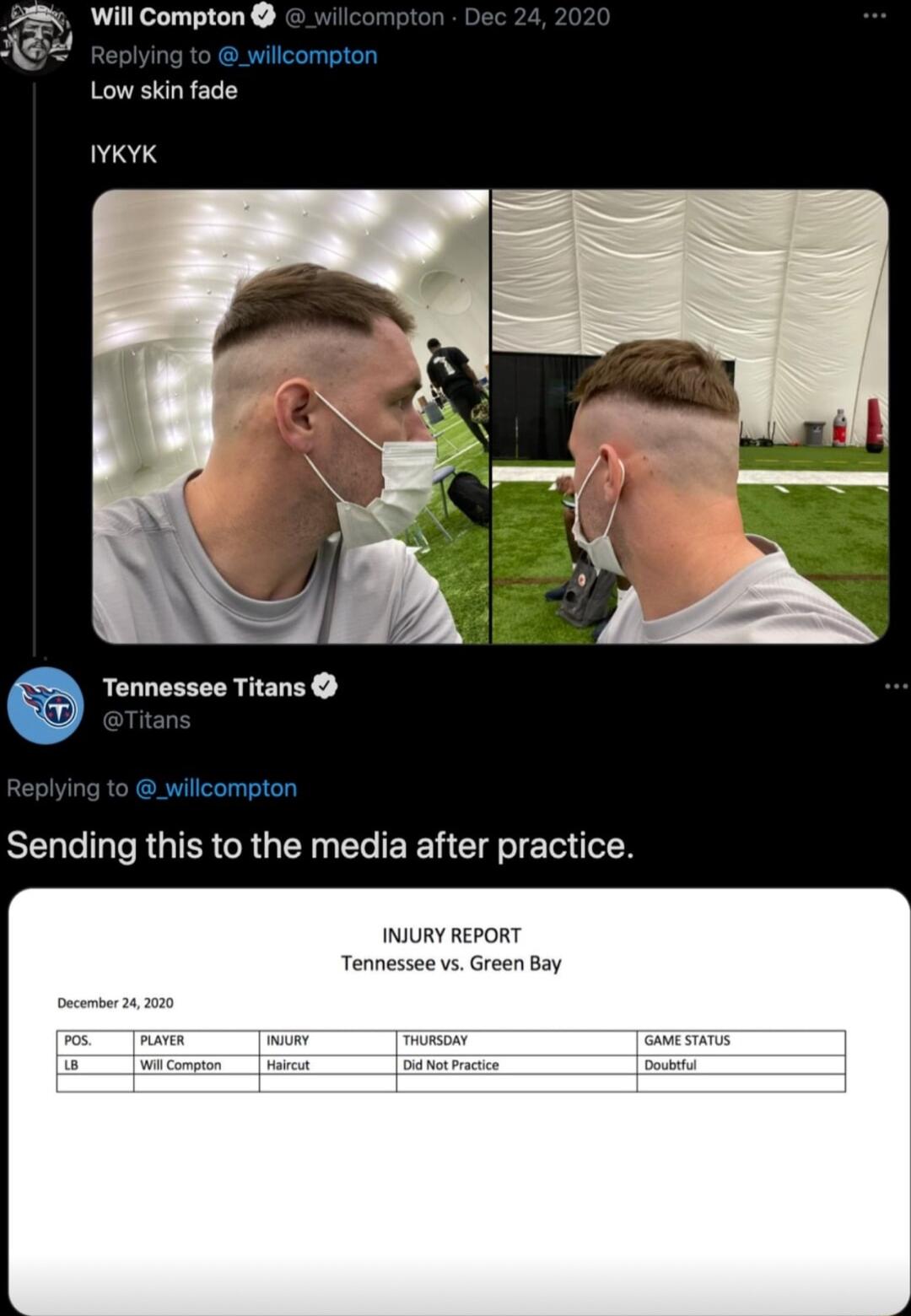 Will Compton Low skin fade IYKYK Tennessee Titans Sending this to the media after practice INJURY REPORT Tennessee vs Green Bay