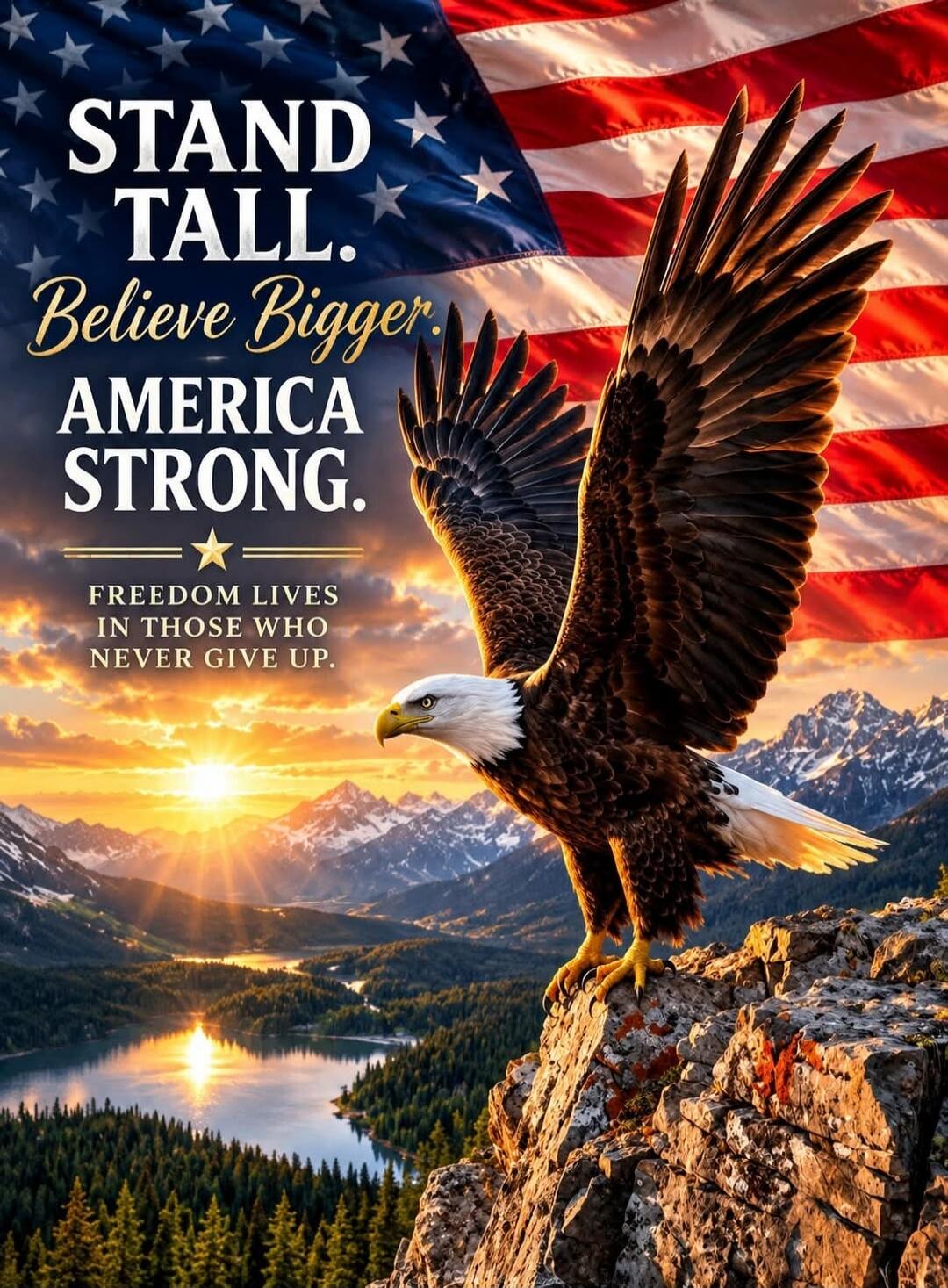 STAND TALL. Believe Bigger. AMERICA STRONG. FREEDOM LIVES IN THOSE WHO NEVER GIVE UP.