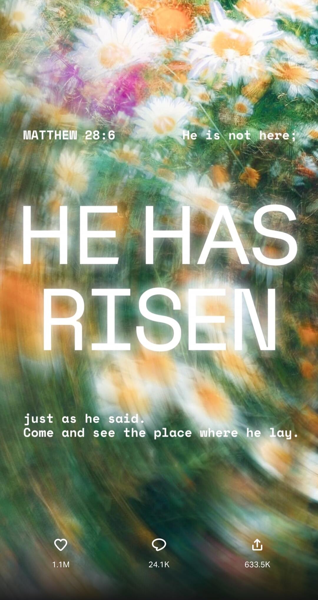 MATTHEW 28:6 He is not here; HE HAS RISEN just as he said. Come and see the place where he lay.