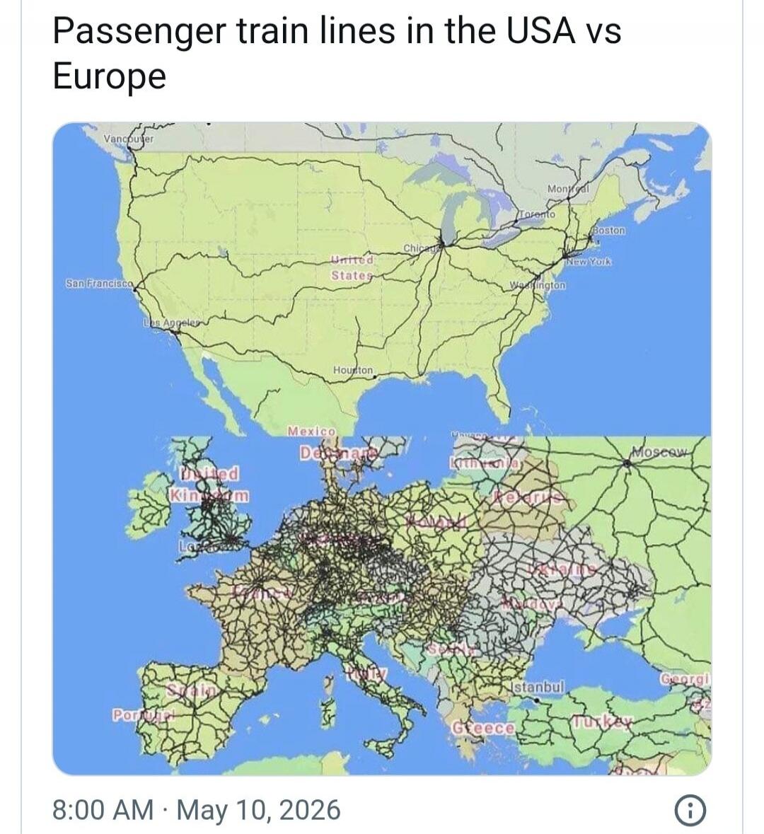 Passenger train lines in the USA vs Europe
