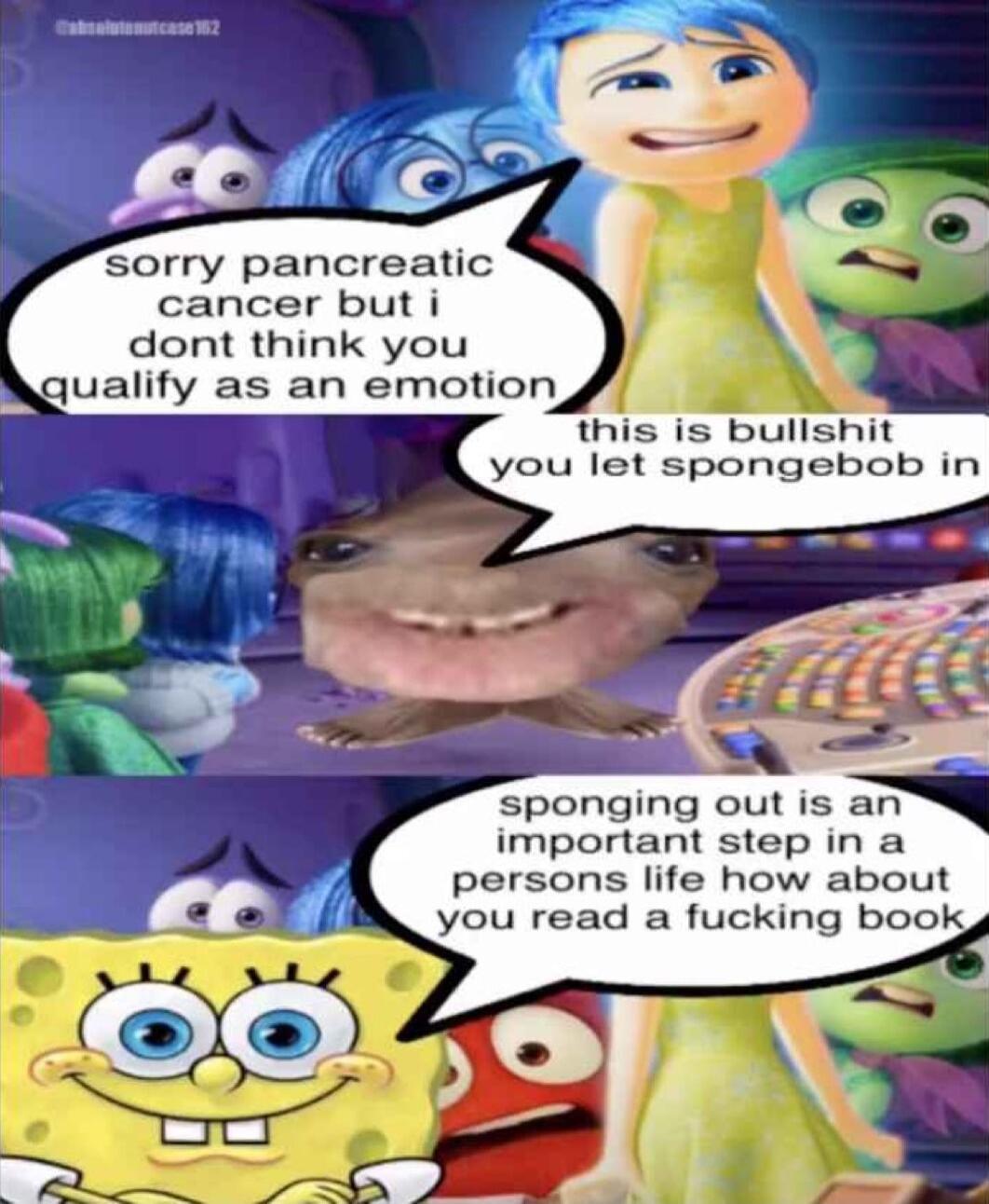 cancer but dont think you is bullshit you let spongebob in sponging out is an important step in a persons life how about you read a fucking book