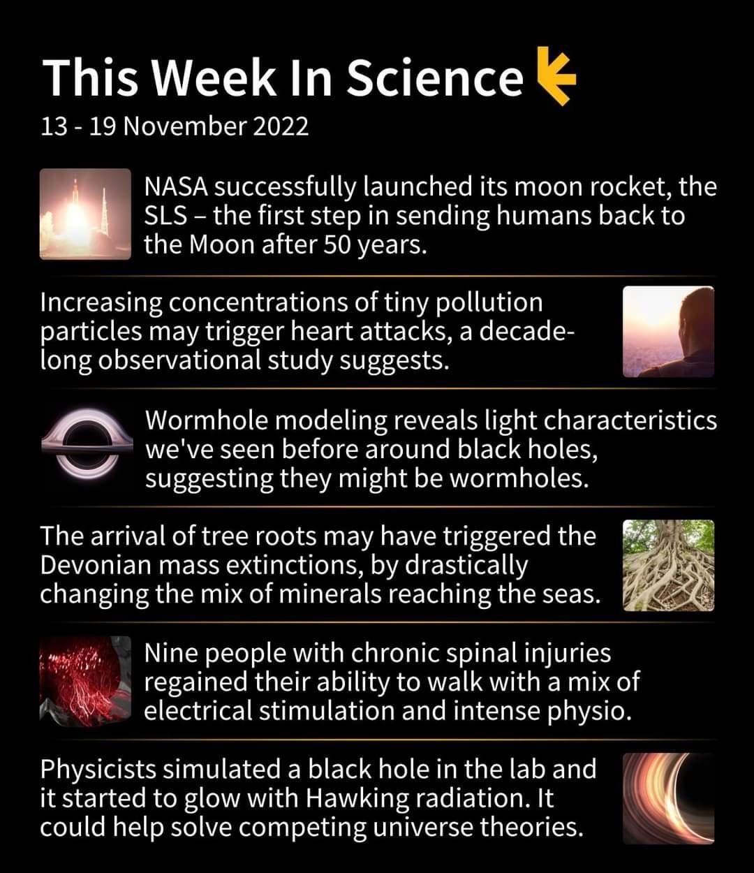 This Week In Science JER LI 1 NASA successfully launched its moon rocket the SLS the first step in sending humans back to the Moon after 50 years Increasing concentrations of tiny pollution particles may trigger heart attacks a decade long observational study suggests weve seen before around black holes Q Wormhole modeling reveals light characteristics N suggesting they might be wormholes The arri