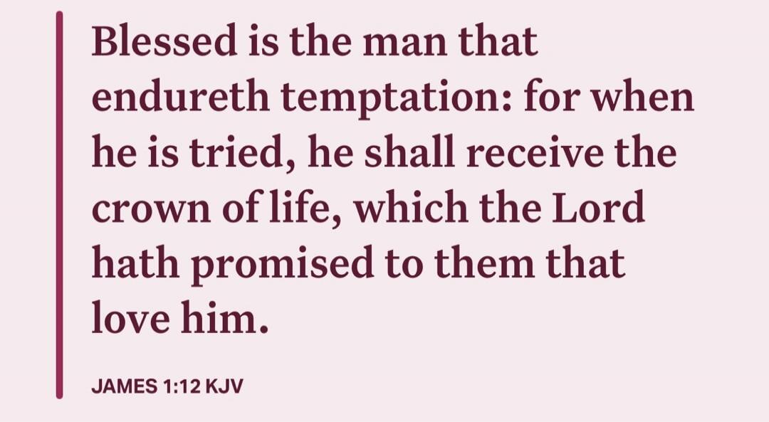 Blessed is the man that endureth temptation: for when he is tried, he shall receive the crown of life, which the Lord hath promised to them that love him. - James 1:12 KJV