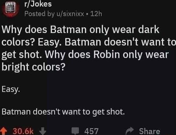 rJokes e Posted by usixnixx 12h VLR R RV EL RO WANEE TR BT S colors Easy Batman doesnt want to get shot Why does Robin only wear bright colors Easy ENNET Ne T RRNET e eS 8 Te1 4 306k 457 Share