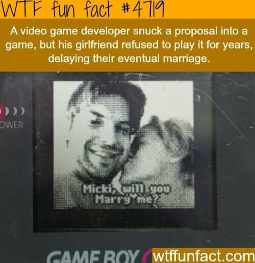 A video game developer snuck a proposal into a game but his girlfriend refused to play it for years G EIEWITe RO EVET VE N T ETo 1Y CAME BY wiffunfactcom