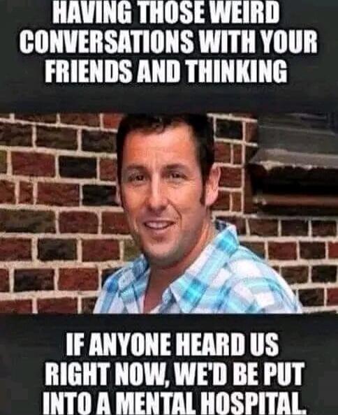 HAVING THOSE WEIRD CONVERSATIONS WITH YOUR FRIENDS AND THINKING IF ANYONE HEARD US RIGHT NOW, WE'D BE PUT INTO A MENTAL HOSPITAL