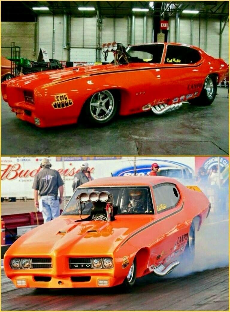 Top image: a red drag car with large rear tires parked indoors. Bottom image: an orange Pontiac GTO drag car with a big blower protruding from the hood, smoke from burnout, and a Budweiser sign in the background.
