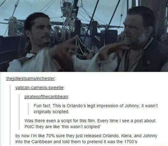 thejollestsamuinches alican cameos sweetie piralesofhecarbbean Fun fact Thi asnt riandos legit impression of Johnny t originally scripted Nas there even a scri PoIC they are like this for this i asnt scripted time see a post about by now Im ke 70 sure they just released Oriando Kiera and Johnny into the Caribbean and told them to pretend t was the 1