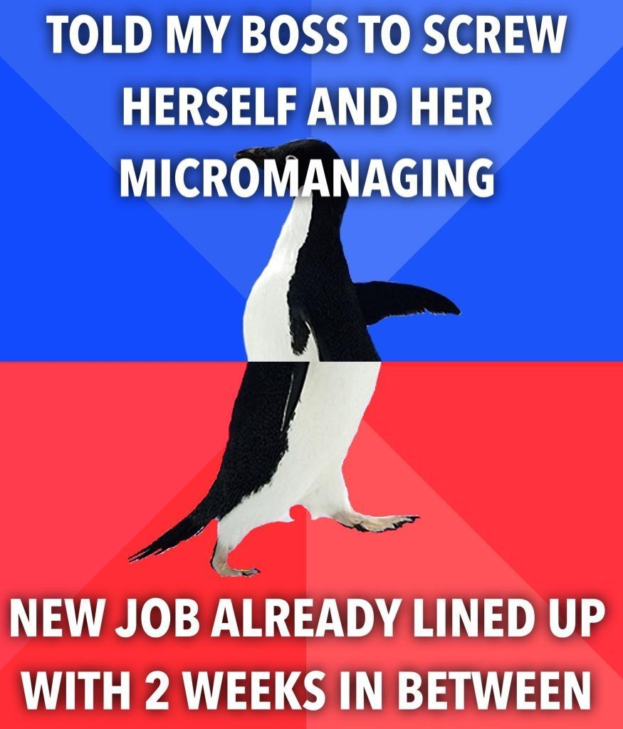TOLD MY BOSS TO SCREW HERSELF AND HER MICROMANAGING NEW JOB I READY LINED UP WITH 2 WEEKS IN BETWEEN