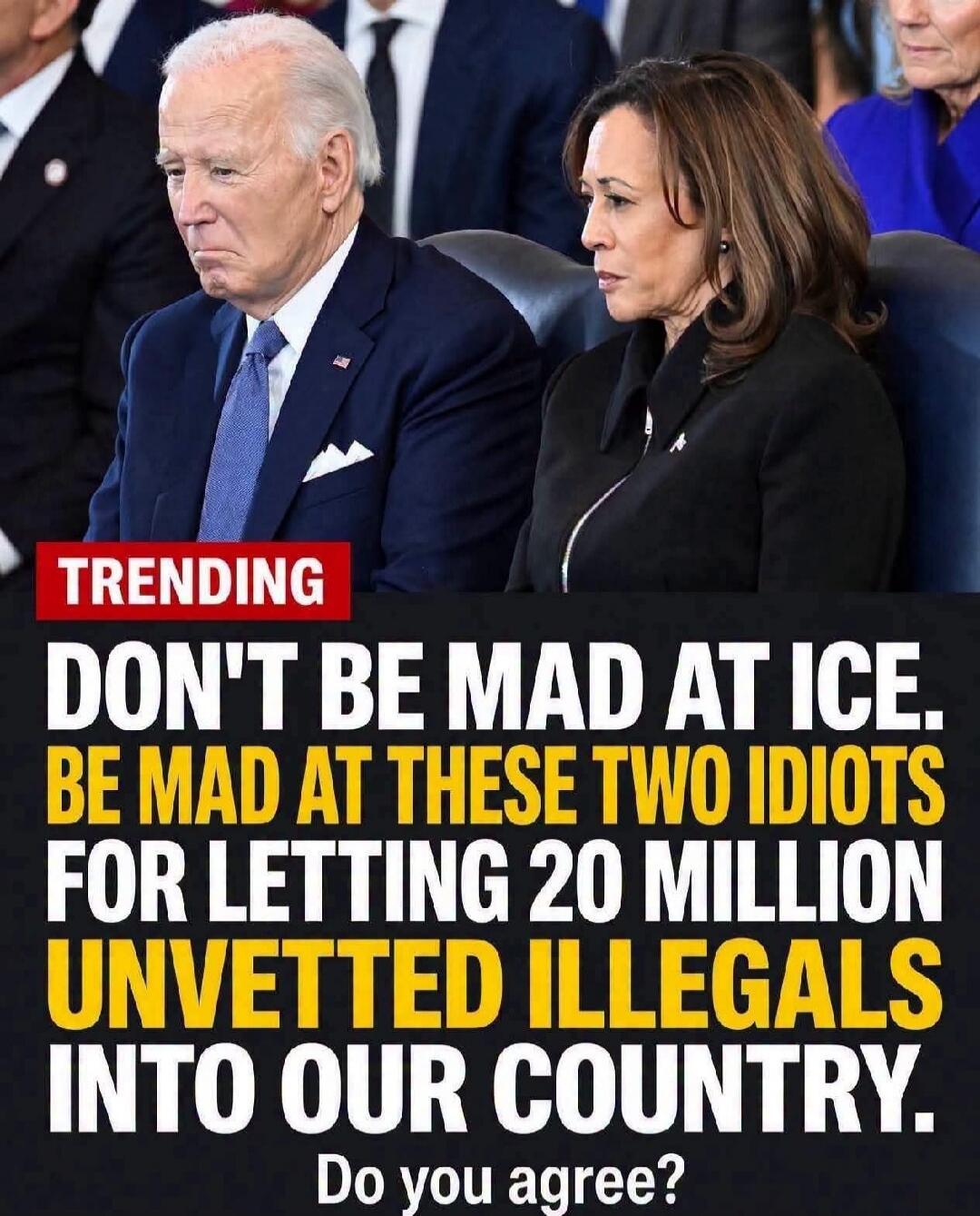 TRENDING DON'T BE MAD AT ICE. BE MAD AT THESE TWO IDIOTS FOR LETTING 20 MILLION UNVETTED ILLEGALS INTO OUR COUNTRY. Do you agree?