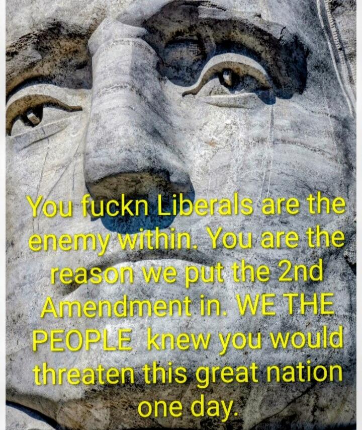 You fuckn Liberals are the enemy within. You are the reason we put the 2nd Amendment in. WE THE PEOPLE knew you would threaten this great nation one day.