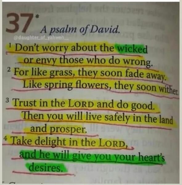 37. A psalm of David. Don't worry about the wicked or envy those who do wrong. For like grass, they soon fade away. Like spring flowers, they soon wither. Trust in the LORD and do good. Then you will live safely in the land and prosper. Take delight in the LORD, and he will give you your heart's desires.