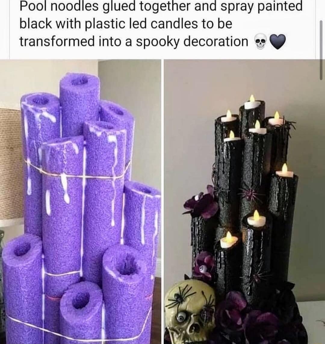 Pool noodles glued together and spray painted black with plastic led candles to be transformed into a spooky decoration s