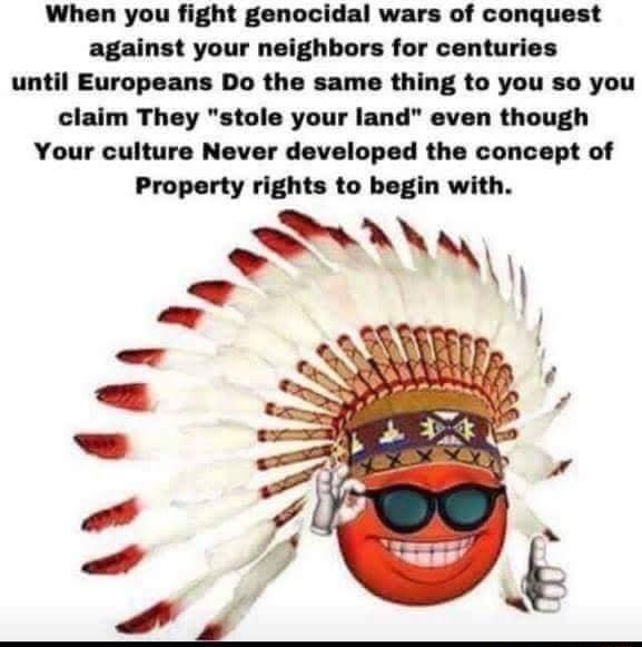 When you fight genocidal wars of conquest against your neighbors for centuries until Europeans Do the same thing to you so you claim They stole your land even though Your culture Never developed the concept of Property rights to begin with l s 4 47