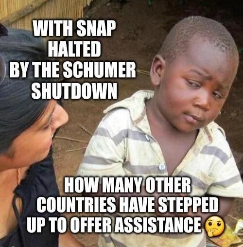 WITH SNAP HALTED BY THE SCHUMER SHUTDOWN
HOW MANY OTHER COUNTRIES HAVE STEPPED UP TO OFFER ASSISTANCE
