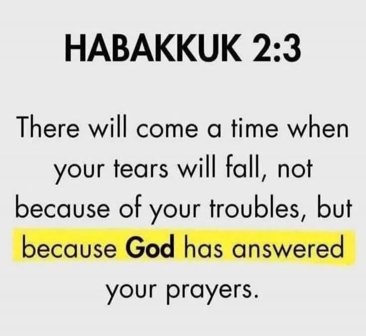 HABAKKUK 2:3 There will come a time when your tears will fall, not because of your troubles, but because God has answered your prayers.