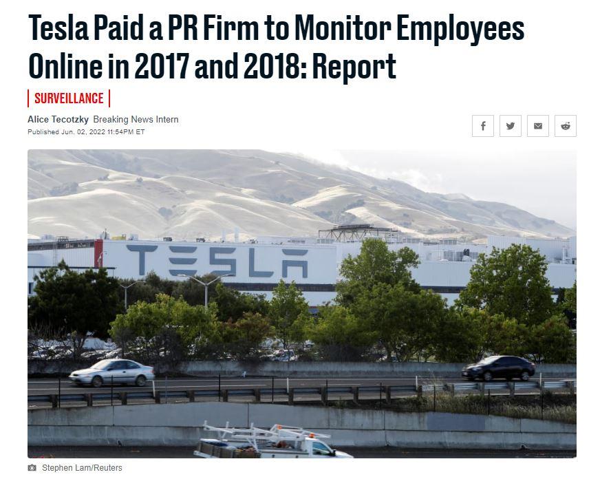 Tesla Paid a PR Firm to Monitor Employees Onlinein 2017 and 2018 Report SURVEILLANCE f v