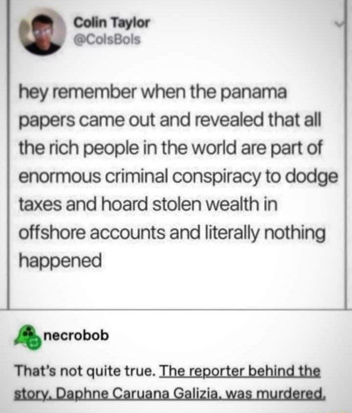Colin Taylor ColsBols hey remember when the panama papers came out and revealed that all the rich people in the world are part of enormous criminal conspiracy to dodge taxes and hoard stolen wealth in offshore accounts and literally nothing happened ncrobob Thats not quite true The reporter behind the story Daphne Caruana Galizia was murdered
