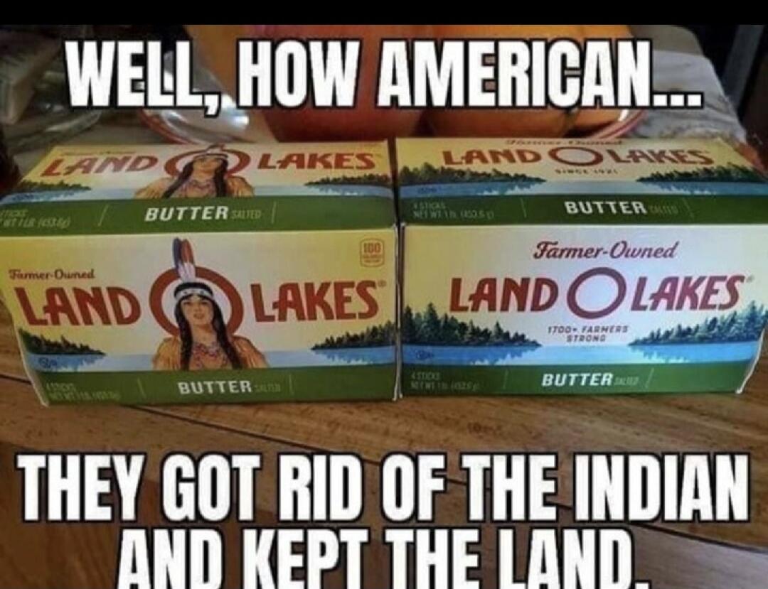 WELL, HOW AMERICAN... LAND O LAKES BUTTER SALTED Farmer-Owned SINCE 1921 1700+ FARMERS STRONG THEY GOT RID OF THE INDIAN AND KEPT THE LAND. The image shows two packages of Land O'Lakes butter. The left package features the traditional logo with an Indigenous woman, while the right package displays the updated logo without her, only showing the land