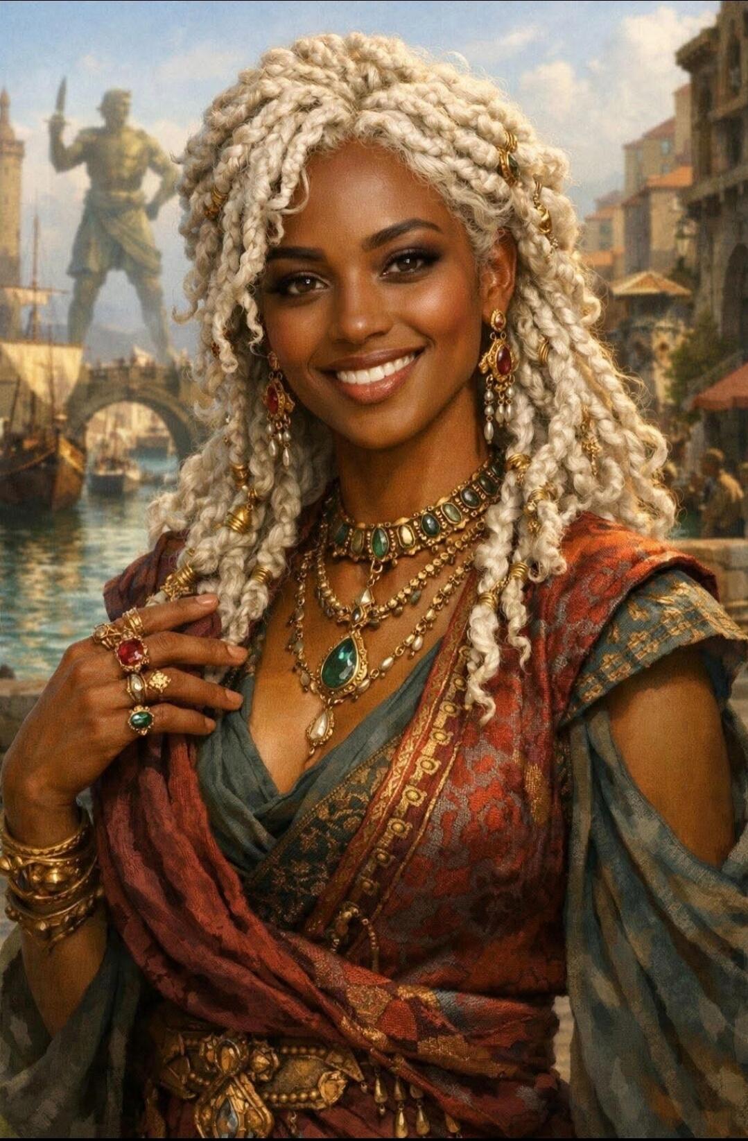 A beautiful woman with intricate braids and striking jewelry smiles warmly.