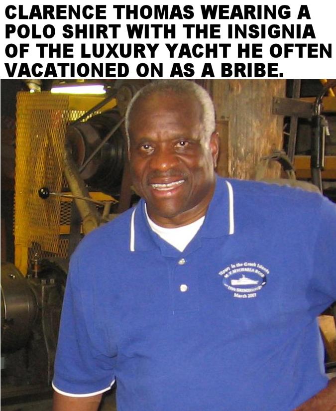 CLARENCE THOMAS WEARING A POLO SHIRT WITH THE INSIGNIA OF THE LUXURY YACHT HE OFTEN VACATIONED ON AS A BRIBE