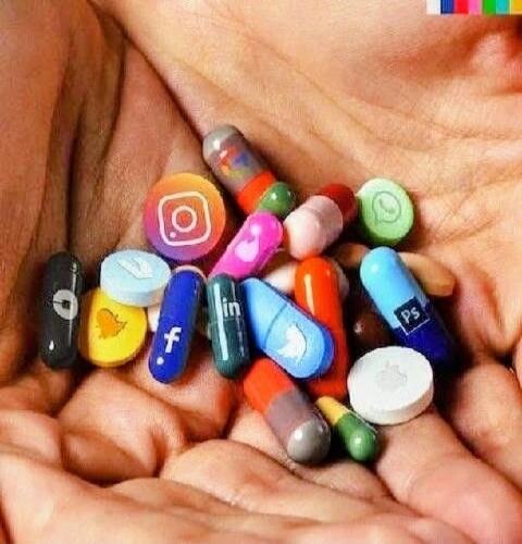 A hand holding various pills and capsules, each featuring a logo of a social media platform or tech company such as Instagram, Facebook, LinkedIn, Twitter, WhatsApp, Uber, Apple, and Photoshop.