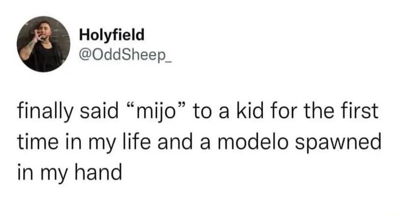 Holyfield 0ddSheep_ finally said mijo to a kid for the first time in my life and a modelo spawned in my hand