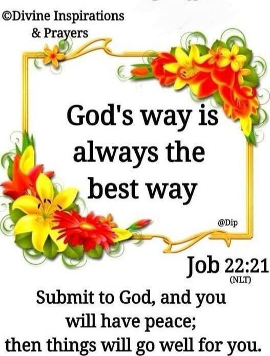 God's way is always the best way
Job 22:21 (NLT)
Submit to God, and you will have peace; then things will go well for you.