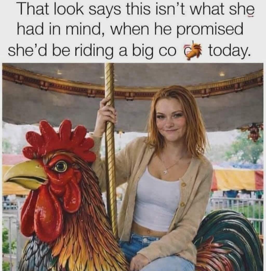 That look says this isn't what she had in mind, when he promised she'd be riding a big co 🐓 today.