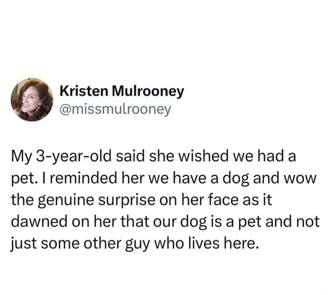 Kristen Mulrooney missmulrooney My 3 year old said she wished we had a pet reminded her we have a dog and wow the genuine surprise on her face as it dawned on her that our dog is a pet and not just some other guy who lives here