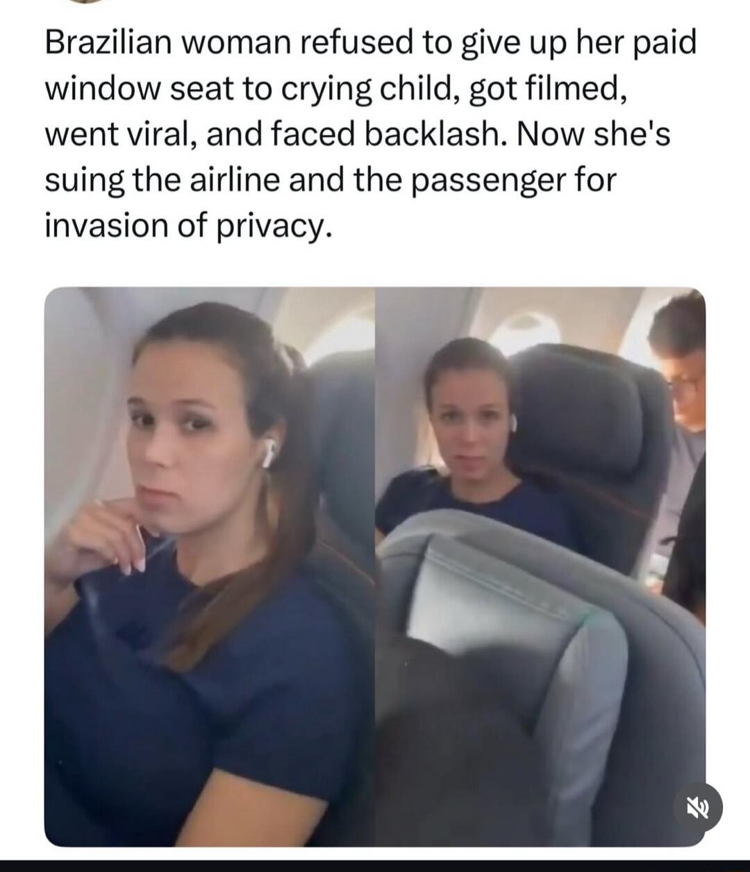 Brazilian woman refused to give up her paid window seat to crying child, got filmed, went viral, and faced backlash. Now she's suing the airline and the passenger for invasion of privacy.