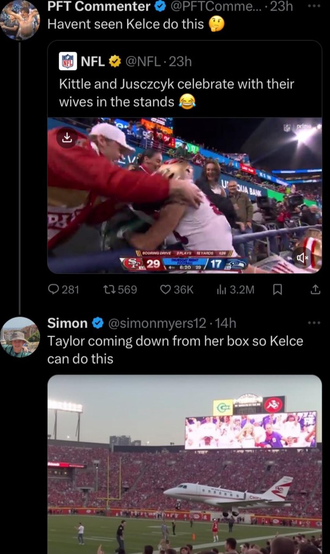 PFT Commenter PFTComme 23 Havent seen Kelce do this B NrL onFL23h QLT BTV o IRV GR G I wives in the stands Simon simonmyersi2 14h Taylor coming down from her box so Kelce can do this