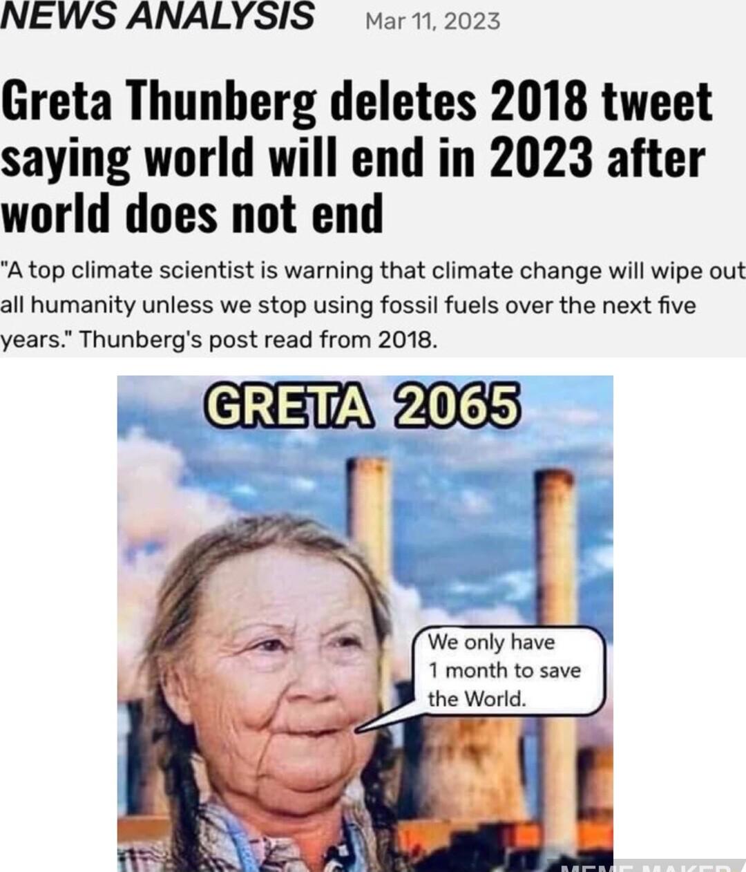 NEWS ANALYSIS vari 2023 Greta Thunberg deletes 2018 tweet saying world will end in 2023 after world does not end A top climate scientist is warning that climate change will wipe out all humanity unless we stop using fossil fuels over the next five years Thunbergs post read from 2018 CRE 2063 l We only have 1 month to save the World