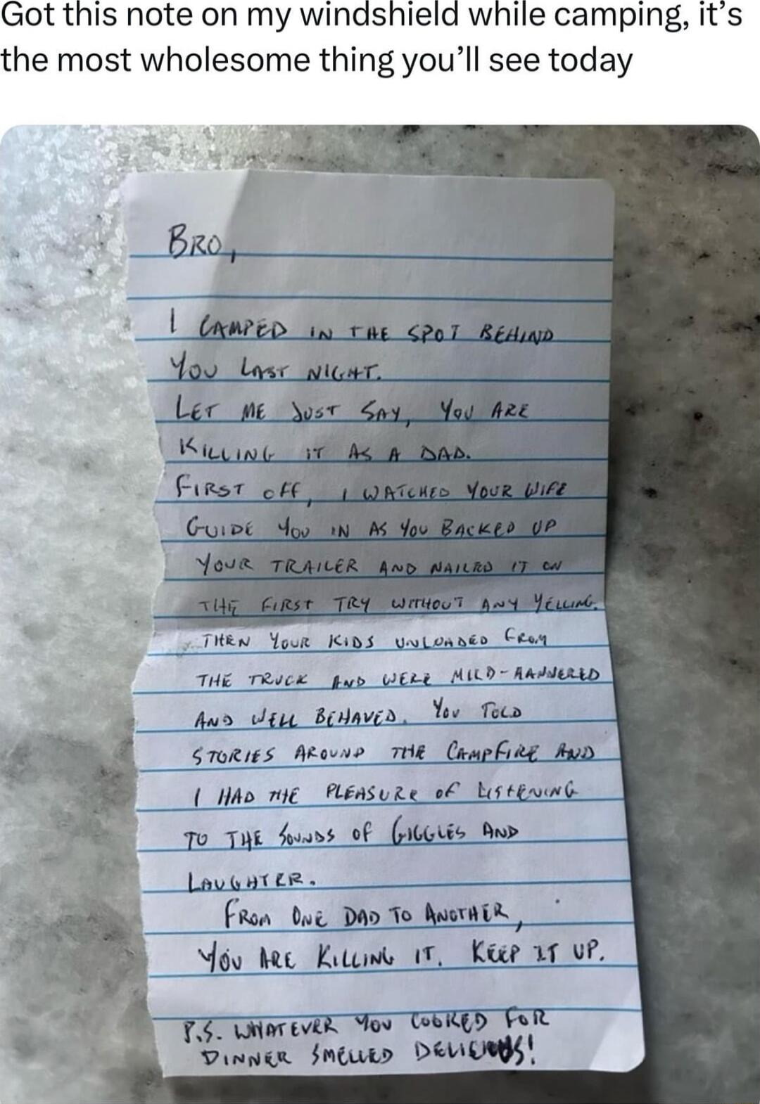 Got this note on my windshield while camping its the most wholesome thing youll see today A i Dws