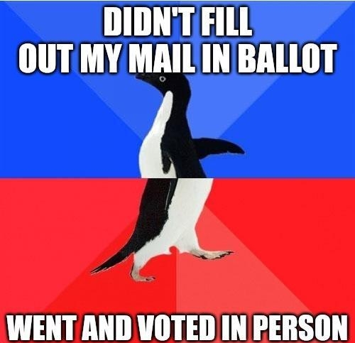 DIDNTFILL OUT MY MAILIN BALLOT A WENT AND VOTED IN PERSON