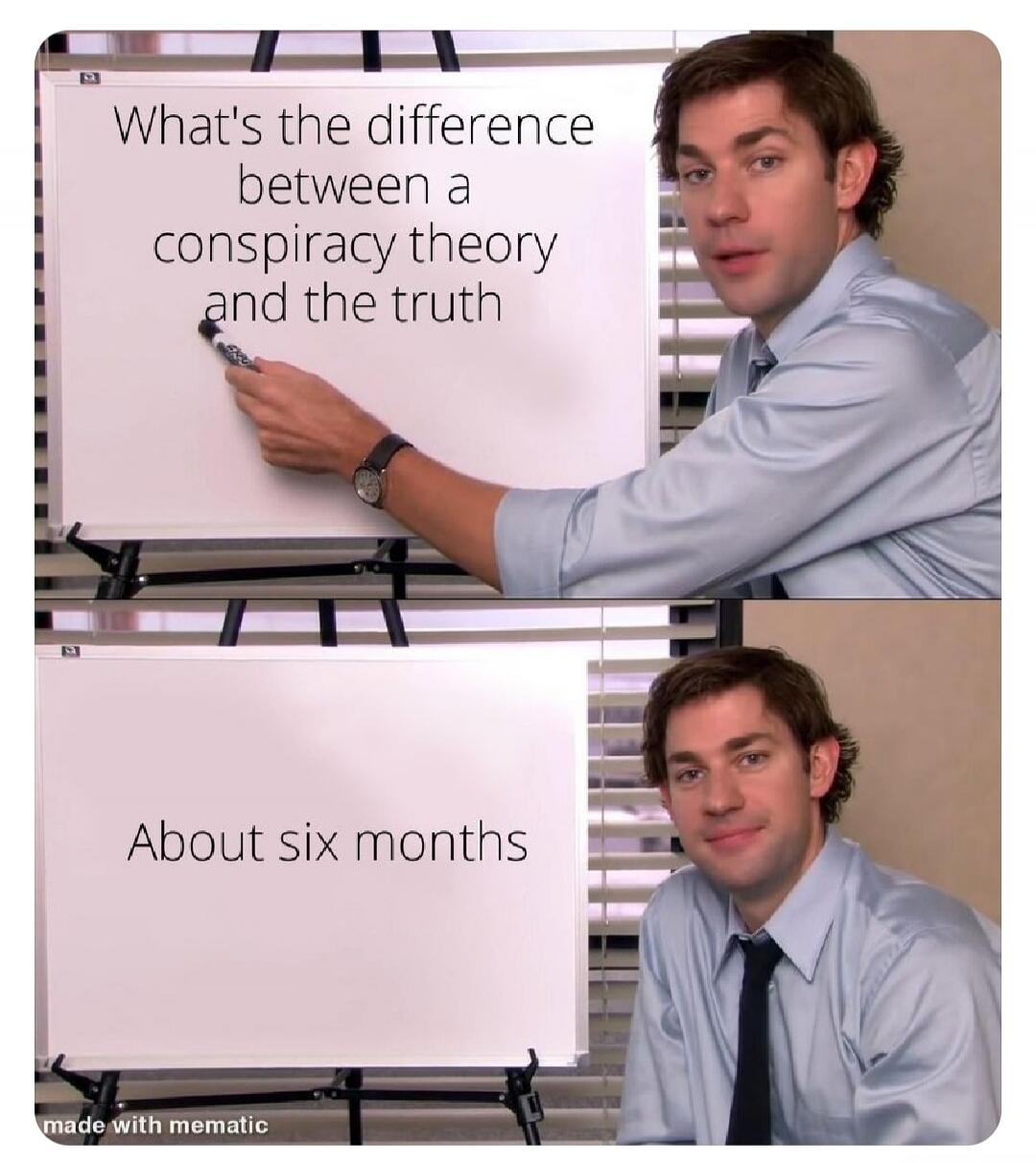 What's the difference between a conspiracy theory and the truth? About six months.