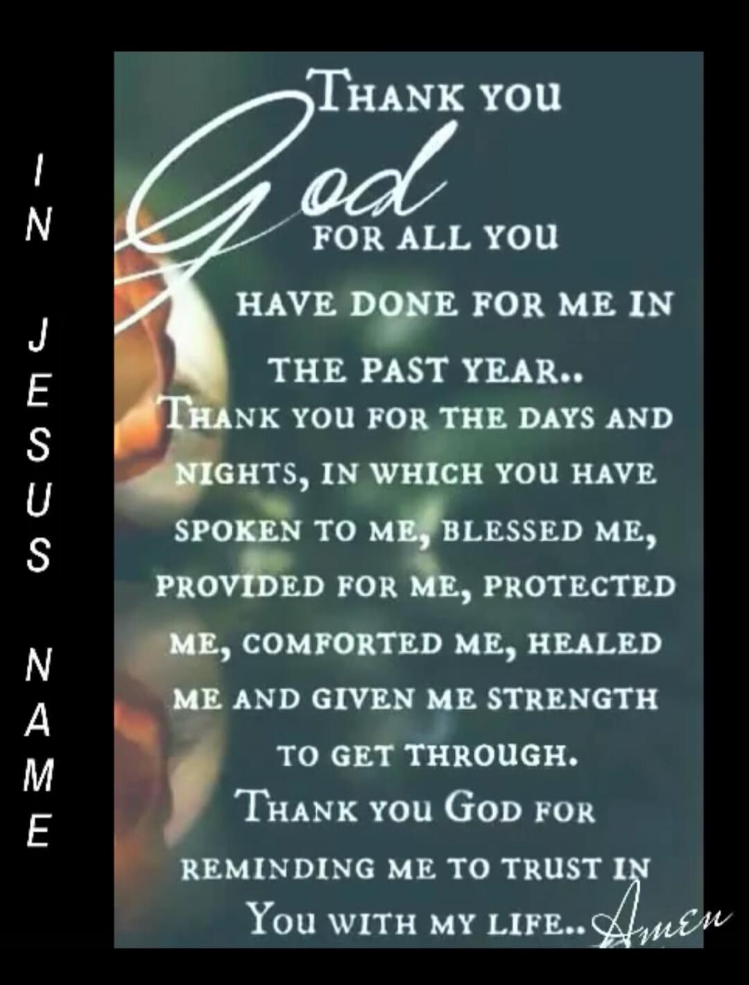 Thank you God for all you have done for me in the past year. Thank you for the days and nights, in which you have spoken to me, blessed me, provided for me, protected me, comforted me, healed me and given me strength to get through. Thank you God for reminding me to trust in You with my life. Amen. In Jesus Name.