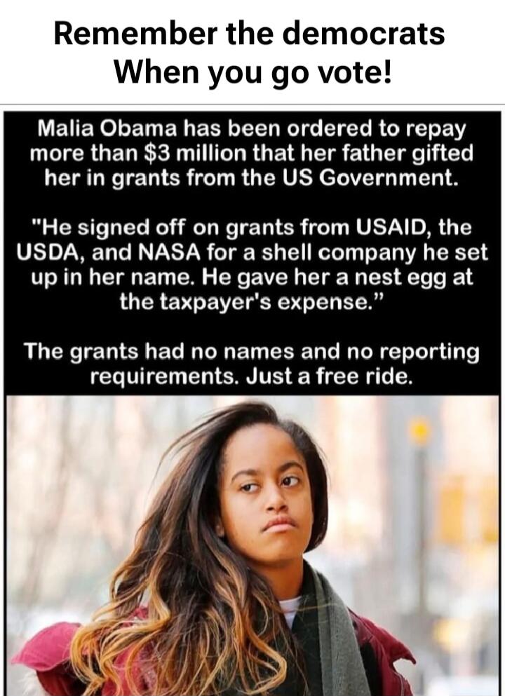 Remember the democrats When you go vote!
Malia Obama has been ordered to repay more than $3 million that her father gifted her in grants from the US Government.
