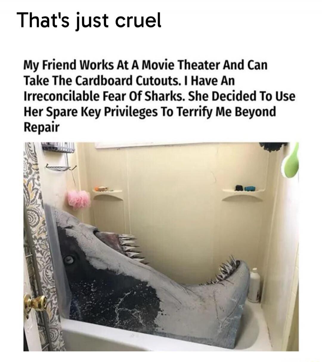 That's just cruel. My Friend Works At A Movie Theater And Can Take The Cardboard Cutouts. I Have An Irreconcilable Fear Of Sharks. She Decided To Use Her Spare Key Privileges To Terrify Me Beyond Repair.