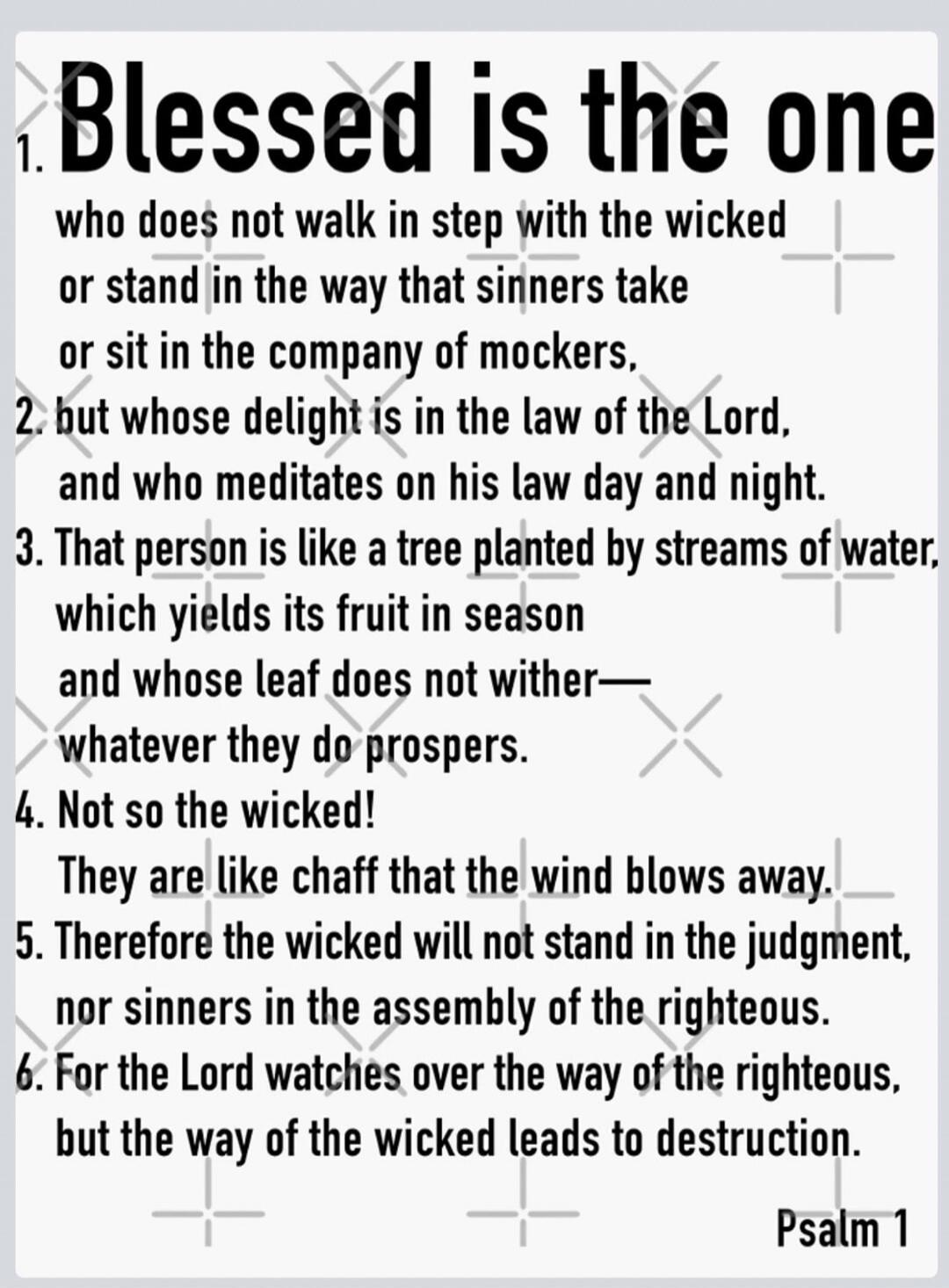 1. Blessed is the one who does not walk in step with the wicked or stand in the way that sinners take or sit in the company of mockers, 2. but whose delight is in the law of the Lord, and who meditates on his law day and night. 3. That person is like a tree planted by streams of water, which yields its fruit in season and whose leaf does not wither