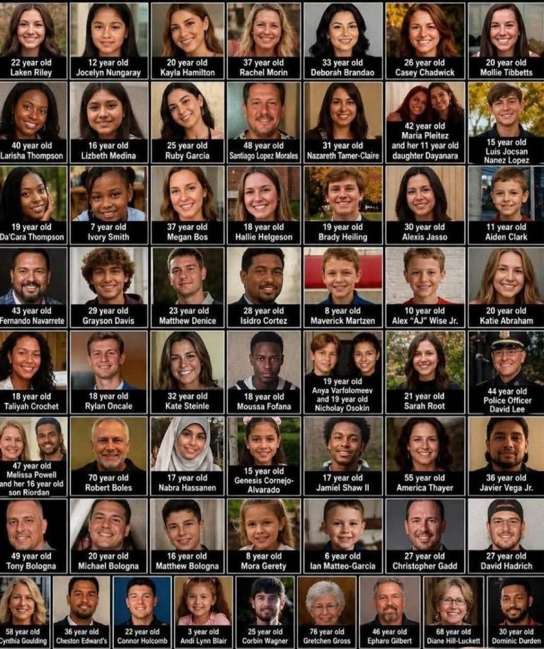 22 year old Laken Riley, 12 year old Jocelyn Nungaray, 20 year old Kayla Hamilton, 37 year old Rachel Morin, 33 year old Deborah Brandao, 26 year old Casey Chadwick, 20 year old Mollie Tibbetts, 40 year old Larisha Thompson, 16 year old Lizbeth Medina, 25 year old Ruby Garcia, 48 year old Santiago Lopez Morales, 31 year old Nazareth Tamer-Claire, 4