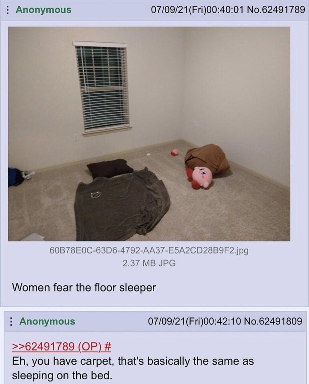 Anonymous 070921Fri004001 No62491789 60B78EC 63D6 4792 AA37 E5AZCD28BIF2 jpg 237 MBJPG Women fear the floor sleeper i Anonymous 070921Fri004210 No62491809 Eh you have carpet thats basically the same as sleeping on the bed