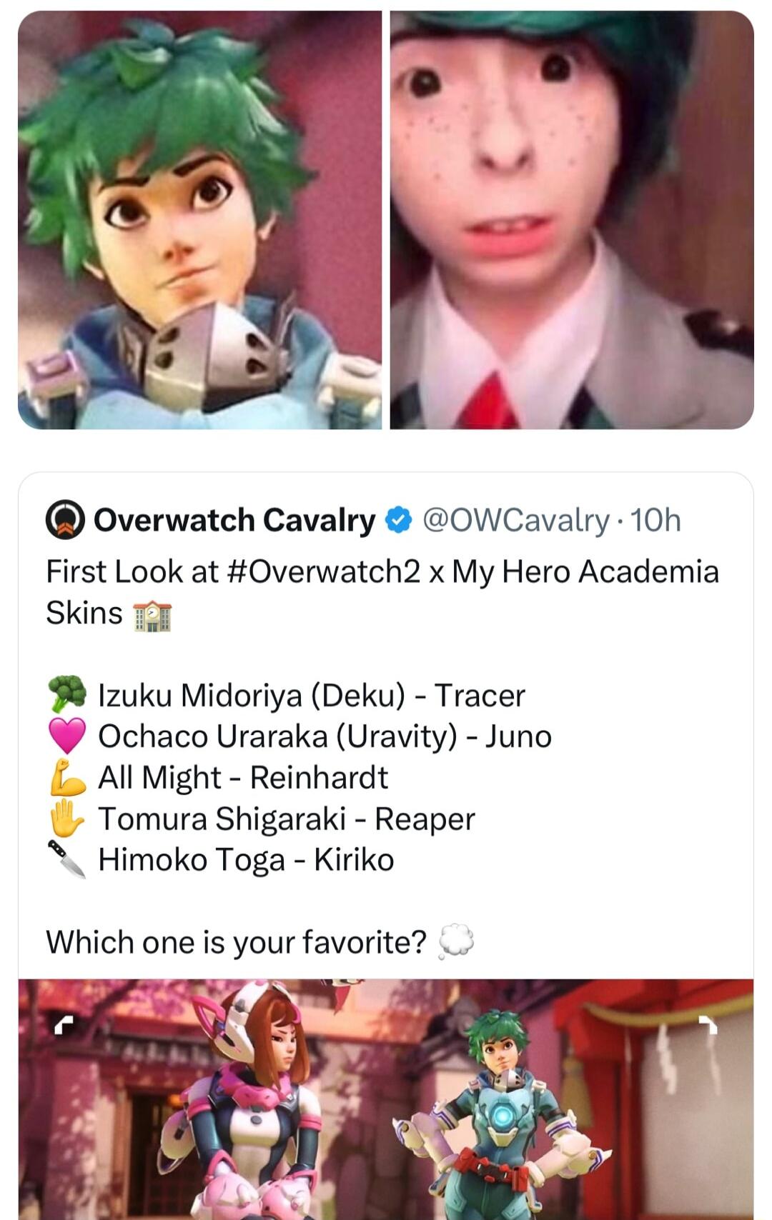Overwatch Cavalry OWCavalry 10h First Look at Overwatch2 x My Hero Academia Skins 1721 1zuku Midoriya Deku Tracer Ochaco Uraraka Uravity Juno All Might Reinhardt Tomura Shigaraki Reaper Himoko Toga Kiriko Which one is your favorite