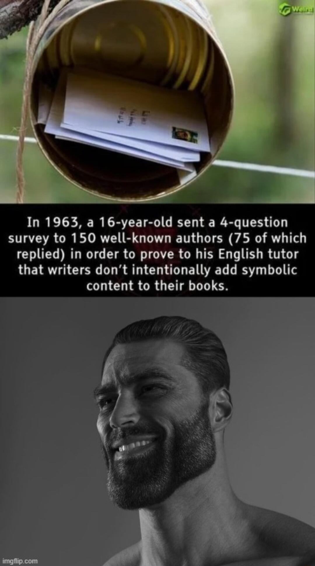 In 1963 a 16 year old sent a 4 question survey to 150 well known authors 75 of which replied in order to prove to his English tutor that writers dont intentionally add symbolic content to their books