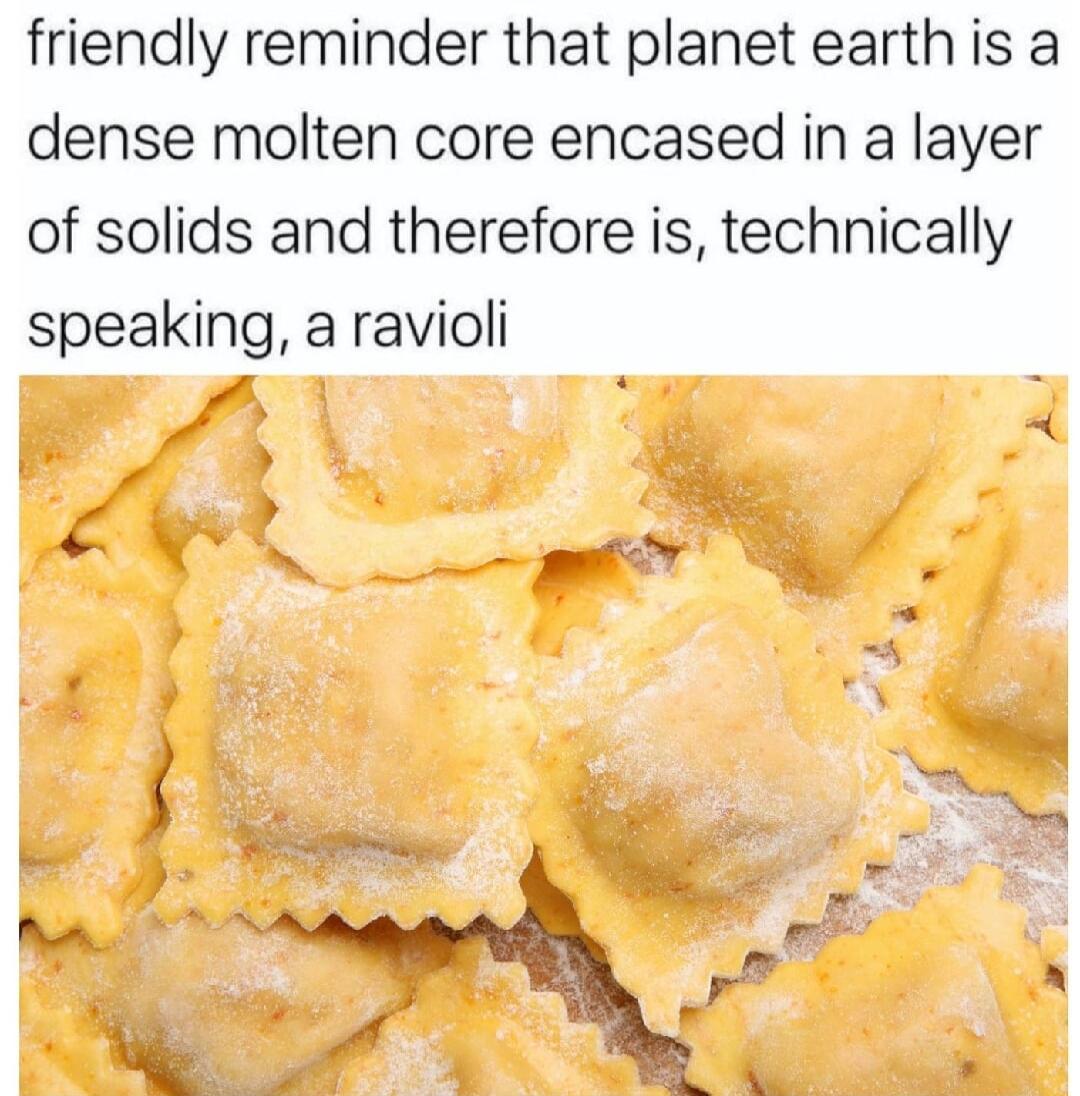 friendly reminder that planet earthis a dense molten core encased in a layer of solids and therefore is technically speaking a ravioli