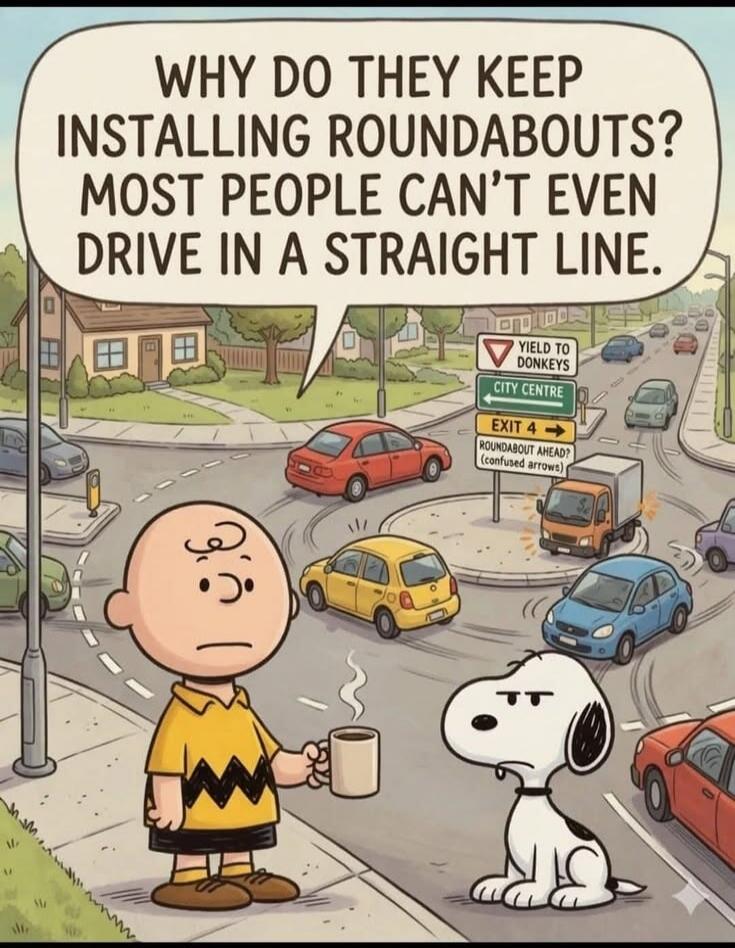 WHY DO THEY KEEP INSTALLING ROUNDABOUTS? MOST PEOPLE CAN'T EVEN DRIVE IN A STRAIGHT LINE. YIELD TO DONKEYS. CITY CENTRE. EXIT 4. ROUNDABOUT AHEAD? (confused arrows).